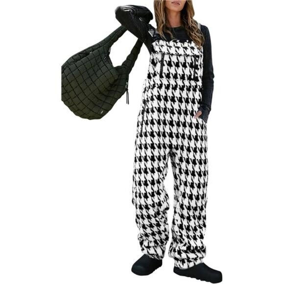 Women's Fleece Overalls Adjustable Strap Loose Casual Jumpsuits with Pockets